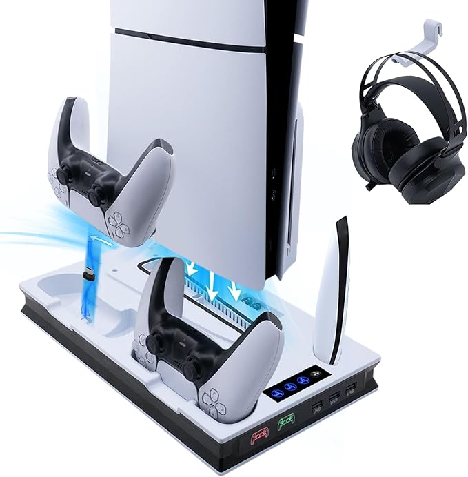Wigearss PS5/PS5 Slim/PS5 Pro Soporte Vertical Ventiladores de Refrigeración y Estación de Carga de Dual Dontrolador, Soporte Multifuncional con Iluminación LED para Consola PS5/PS5 Slim/PS5 Pro