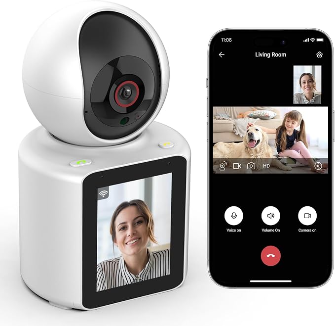 SHIWOJIA Cámara Wi-Fi, cámara de niñera de interior, Cámara de interior bidireccional con pantalla de 7 cm, cámara para perros, cámara de seguridad inteligente de 360°, HD 1080p