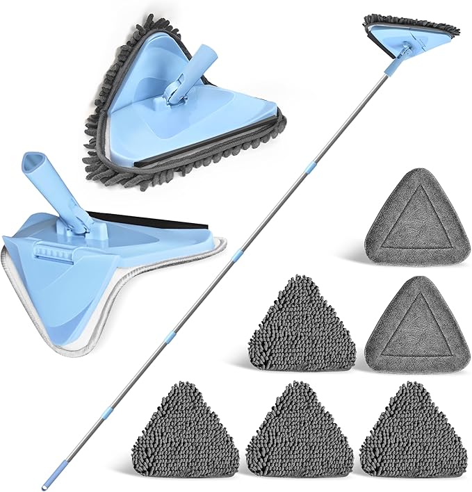 NEWE Fregona Techo Extensible hasta 202 cm, Mopa Triangular Giratoria 360° para Limpiar Azulejos y Paredes con 4 Plumeros de Chenilla y 2 Almohadillas de Microfibra