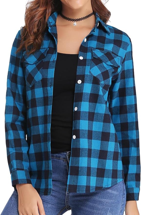 Aottori Camisa de Cuadros Mujer Cuello en V Manga Larga
