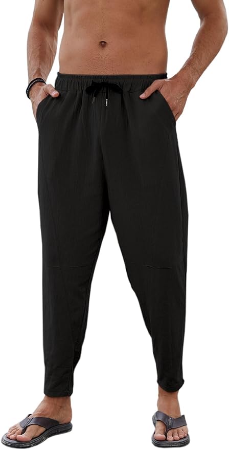 Yutdeng Pantalon Lino Hombre Pantalon Hombre Casual Cintura Elástica Pantalones Informales Anchos Pantalones de Lino para Hombre Playa Yoga Ligeros Pantalón Largos Verano Transpirable Cordón Bolsillos