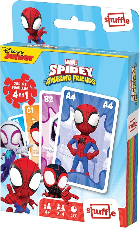 Shuffle – Spidey y Sus Amigos Extraordinarios – 4 Juegos en 1-7 Familias, Pares, Acción y Batallas – Juego de Cartas Niños y Familia – A Partir de 4 años