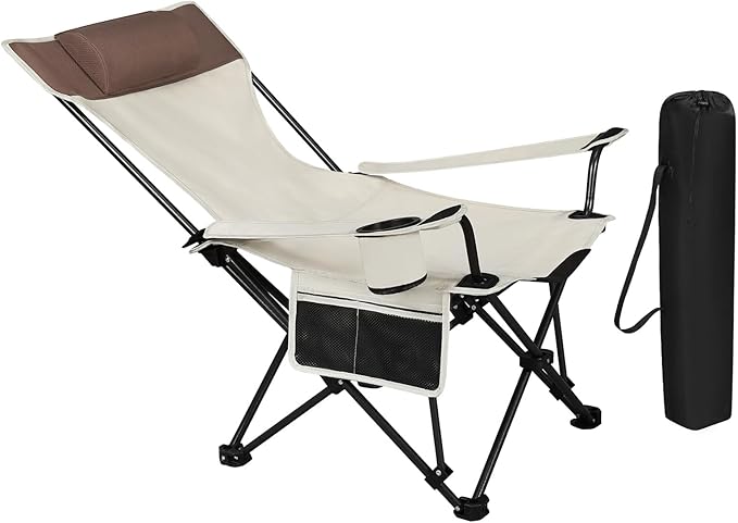 WOLTU Silla de Camping Plegable y Portátil, Silla de Acampada Ligera con Portavasos, Reposacabezas y Bolsas, Estructura Metálica para Soportar 150 kg, para Picnic, Playa, Jardín, Pesca, Beige