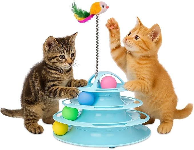 Mobiclinic®Pets, Juguete para Gatos, Interactivo, Catplay, Estimulación sensorial, 4 Niveles, Pelotas, Fácil de Montar, 12x24x16.5cm Torre interactiva Gato, Antideslizante, Diseño Atractivo