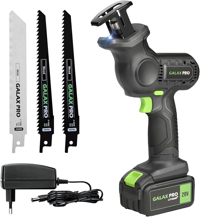GALAX PRO 20V 4,0Ah Sierra Sable Bateria, 0-3000 RPM Sierra Sable que incluye 2 hojas para el corte de la madera y 1 hoja para el corte del metal, Ideal para Cortar Madera y Metal