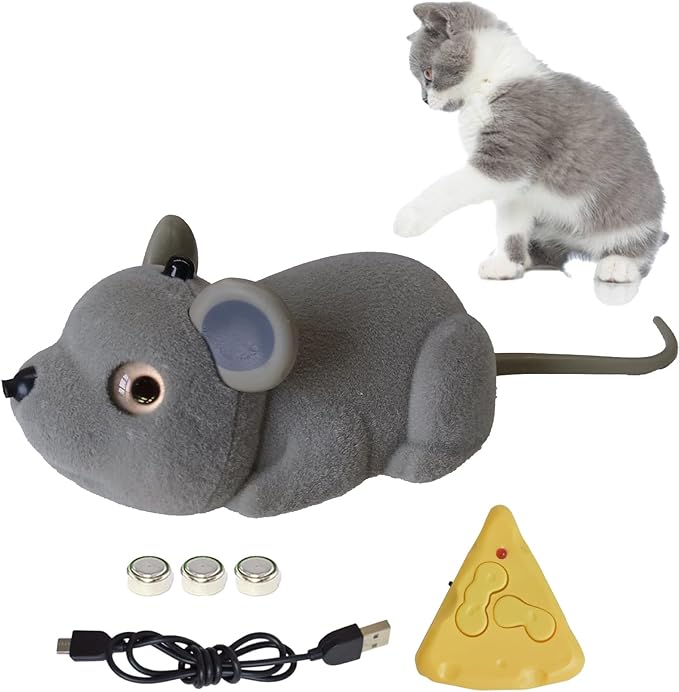 Juguete Ratón de Peluche, Juguete de Rata Automático con Control Remoto, Juguete Electrónico Realista para Gatos, Imita el Presas Reales, Raton Juguete Gato Interactivo para Gatos, USB Recargable
