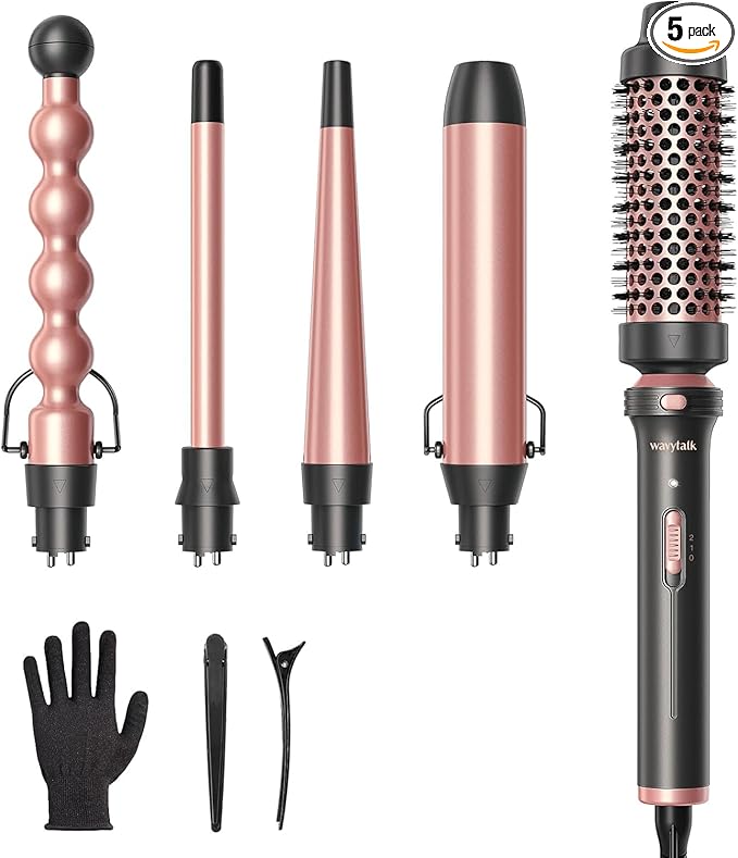Wavytalk Rizador de Pelo, Rizador de Pelo 5 en 1 rizadoras con cepillo rizador y 4 tenacillas rizadores cerámicas intercambiables (13-32 mm), guante resistente al calor y 2 pinzas para el cabello