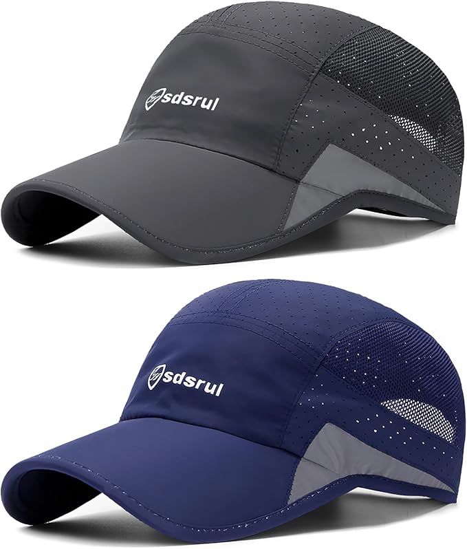 2 Packs Gorra de Béisbol Transpirable para Hombre, Protección Solar de Secado Rápido, Malla Plegable Lavable, Ligera Sombrero de Verano al Aire Libre con Hebilla Ajustable