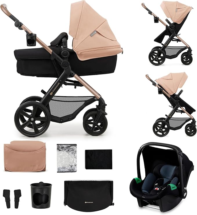 Kinderkraft MOOV 2, carrito 3 en 1 con capazo y silla de paseo 2 en 1, ruedas grandes antipinchazos, Travel System con silla de coche, hasta 22 kg, Beige