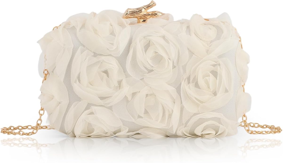 Bolso de Mano para Mujer, Bolso de Noche con Flores de Encaje Formal, Bolso de Hombro con Correa de Cadena