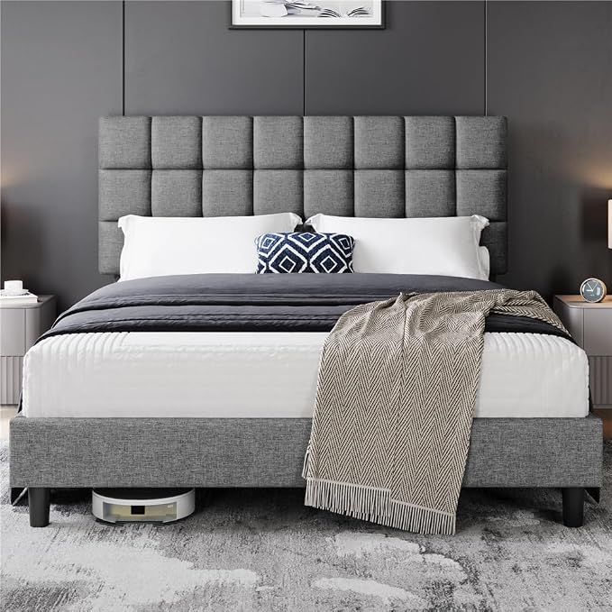 Yaheetech Marco de Cama Tapizada Cabecero Regulable 160 x 200cm Color Gris Claro