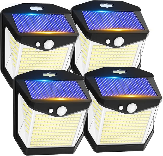 Luz Solar LED Exterior Jardin - 248 LED Luces Solares Sensor de Movimiento 270° Foco Solar Exteriores Lampara IP65 Impermeable Aplique Solar Potente con Iluminacion Terraza Outdoor Light 4 Paquete
