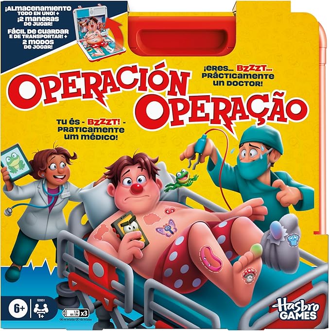Hasbro Gaming Juego de Mesa electrónico Operación con Estuche Todo en uno - Versión español-portugués