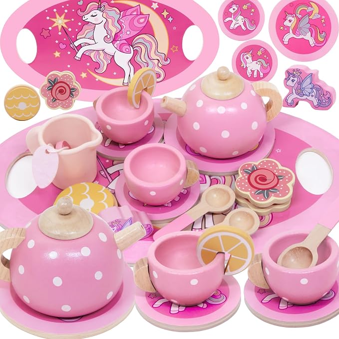 Juguetes Niña 2 3 4 5 Años,Unicornios para Niñas Regalo Niña 2 3 Años Juego de Té de Madera para niñas, Accesorios Cocina Juguetes con Figura Unicornio y Postre, Comida Juguete cocinita para Juegos