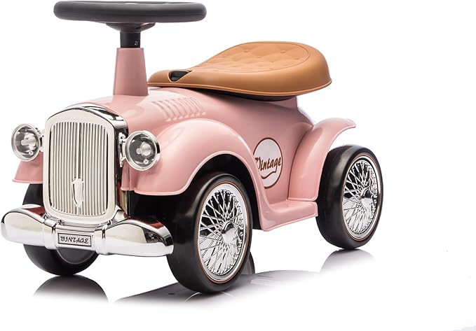 Baroni Toys Correpasillos Vintage para Niños de 12 a 36 Meses, Coche Bebé con Bocina de Aire, Compartimento de Almacenaje, Volante y Ruedas Estables para Aprender a Caminar, 25x59x35 cm (Rosa)