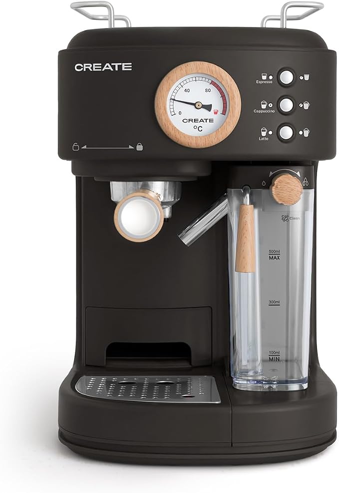 CREATE / THERA RETRO PRO/Cafetera Express semiautomática Negro / 20 bares, depósito de leche, bandeja de goteo, dos salidas,capacidad 1,5l, para café molido, 1250W