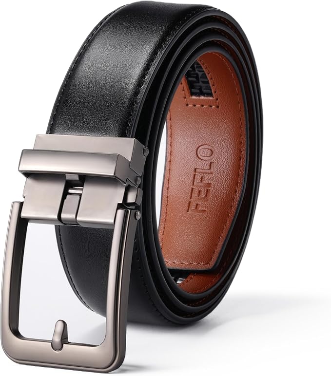 FEFLO Cinturon Hombre Cuero, Elegante Negro Hebilla Trinquete Cierre Automatico Piel sin agujeros Cinturon, Ancho 35mm, Tamaño Ajustable, Adecuado para la traje Jeans