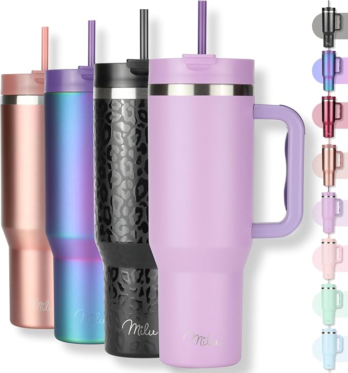 Milu Termico con Asa y Pajita 1200ml, Botella de Agua Acero Inoxidable Aislado, Taza térmica, Vaso de viaje para café helado, 24h helado / 12h caliente - 40oz (Lilac, 1200ml)