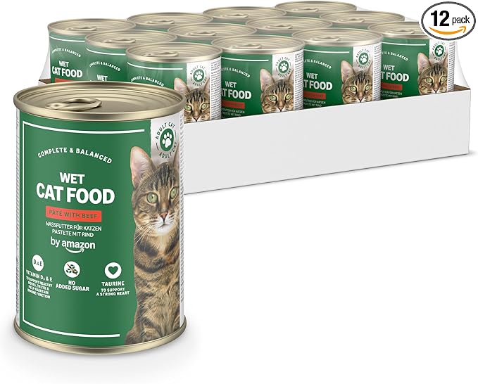 by Amazon - Comida húmeda sin cereales para gatos - Lata - Paté de ternera, 12 x 400 g