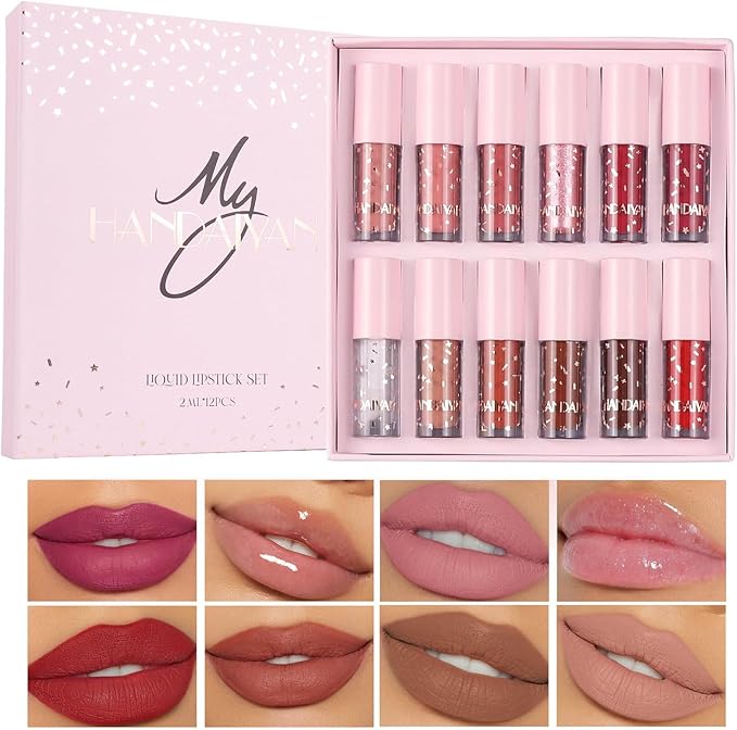 Traje de maquillaje de lápiz labial de 12pcs Matte Liquid Nude Velvet Matte Long - lasting impermeable non - stick Cup no fade Pink traje de regalo para mujeres
