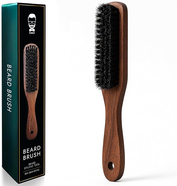Cepillo para Barba de Cerdas de Jabali SAKKAL, Mango de Madera Natural, Antiestatico Desenredante y Alisador, Cuidado y Estilizado de la Barba para Hombres, Ideal para Barbas Cortas y Largas