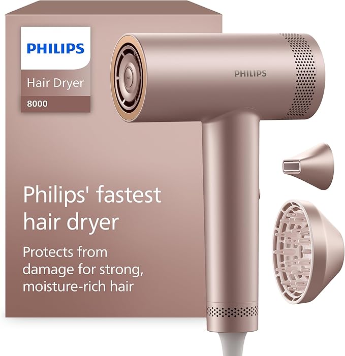 Philips Secador Serie 8000 - con ThermoShield Advanced y motor DC sin cepillo para un secado rápido y cuidado del cuero cabelludo, 1400 W, Rosa Champagne, con boquilla y difusor, modelo BHD837/10
