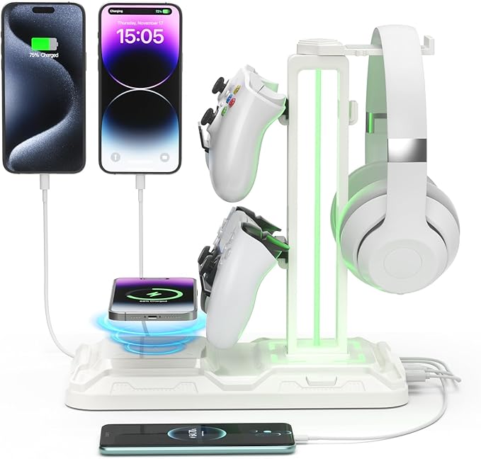 KDD LED Soporte Auriculares Gaming con Carga Inalámbrica, Soporte Mando PS5 & Soporte Cascos Universal con 2 Puertos USB & Tipo C & 9 Modos Luz para Escritorio Xbox Nintendo Accesorios Gaming, Blanco