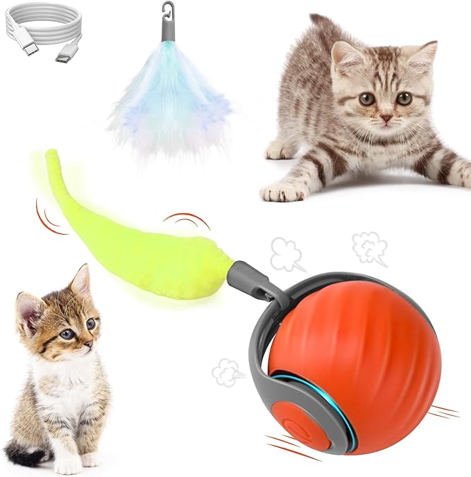 Juguete Interactivo Pelota para Gatos, Juguete Eléctrico Autoactiva 2 Modos, Cola Reemplazable, Inteligente Rodante Automático