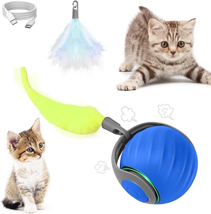 Juguete Interactivo Pelota para Gato, Juguete Eléctrico Pelota para Gato, Autoactiva, 2 Modos de Funcionamiento, Cola Reemplazable (Azul)