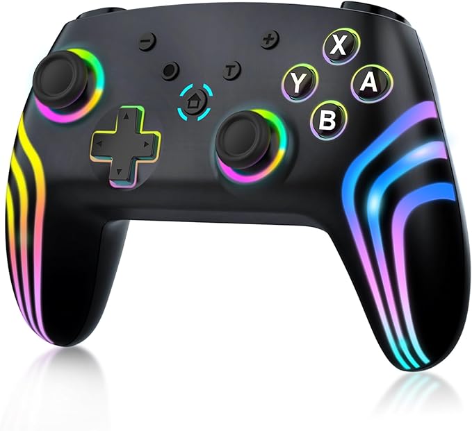 MYSTILUCK Mandos Inalámbrico Pro para Switch/Switch 2/Lite/OLED/PC, Controller con Iluminación RGB Cambiante 7 Colores/Disparador Hall Effect/Vibración Dual/Turbo, Mando con Diseño Ergonómico