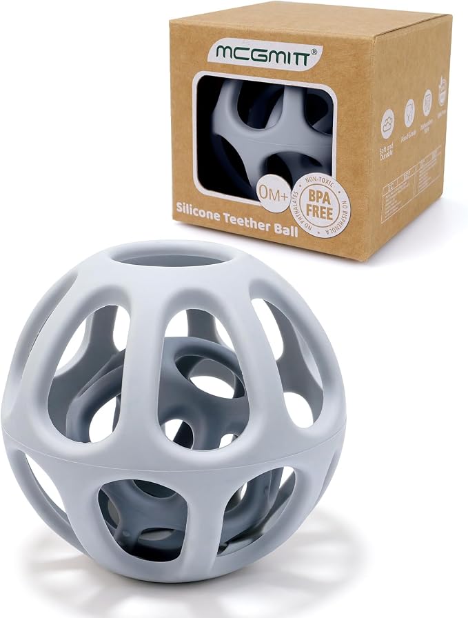MCGMITT Mordedor Bebé 2 en 1, Juguete de Silicona para la Dentición con Pelota de Agarre, Mordedor para Bebés a partir de 0 Meses+, Juguete Sensorial Sin BPA, Accesorios para la Dentición (Gris)