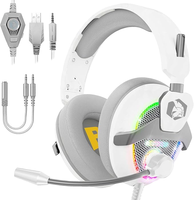 EMPIRE GAMING H13 - Auriculares para Gamer RGB, Consola de Videojuegos, Xbox One/Series, Switch, PC, Mac, Smartphones, tabletas - Control Remoto - Sonido estéreo de Alta definición - Blanco
