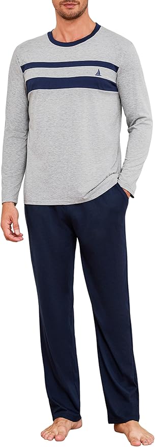 Marvmys Pijamas Hombre Invierno Largo Conjunto Algodón Manga Larga Tops Pijama Pantalones con Bolsillo S-3XL