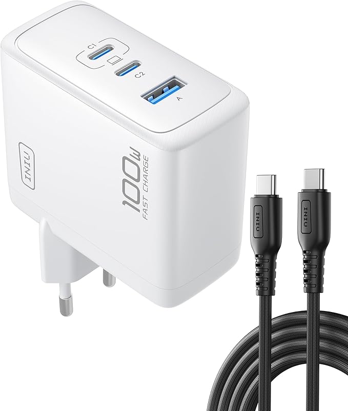 INIU Cargador USB C GaN 100W, 3-Puertos Cargador Rápido Compacto con Cable USB C de 100W 1.5m, Cargador de Viaje para Portátil MacBook Pro Air 14, iPhone 17 16 Pro Max iPad Samsung S26 S25 Ultra Pixel