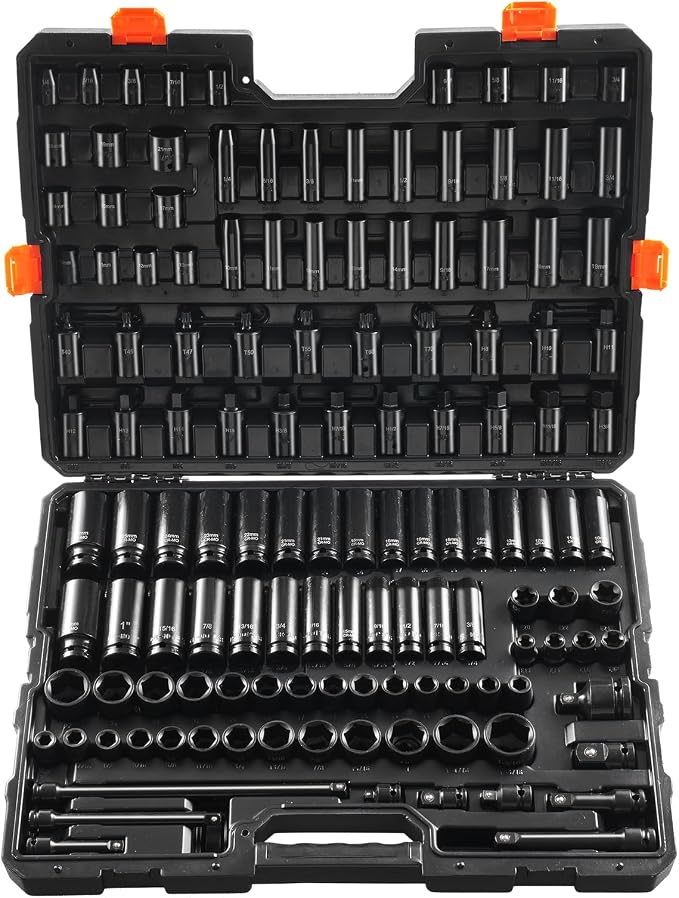 VEVOR Juego de Vasos de Impacto 9,5mm y 12,7 mm Juego de Vasos de Impacto Métricos 130 piezas Acero de Aleación CR-Mo 6 Puntos Marcas de Tamaño Fáciles de Leer para Reparación de Automóviles, Taller