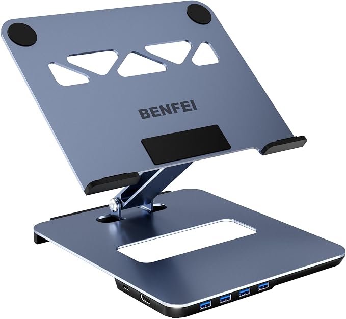 BENFEI Soporte Portátil Mesa Plegable, Aleación de Aluminio Elevador Portatil, con Hub USB C 6 en 1, HDMI 4K@60Hz, 4*USB 3.0, PD 100W Compatible con MacBook Pro/Air, iPad Pro, XPS, Thinkpad