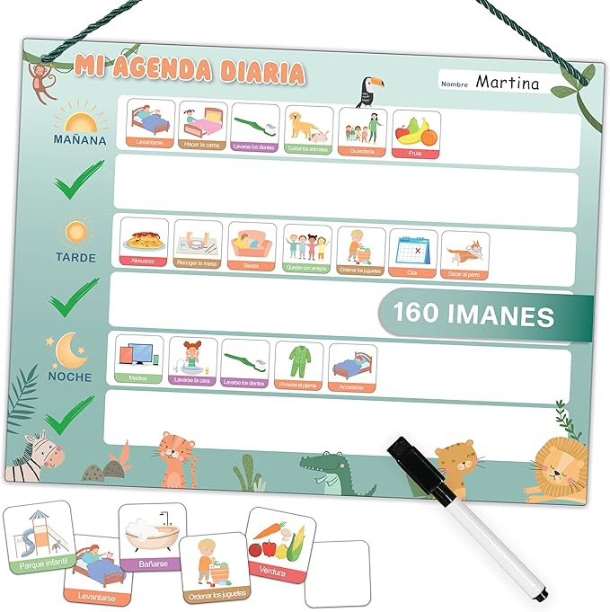 Planificador diario para niños - Pizarra magnética Montessori con un bonito diseño que incluye 160 imanes y bolígrafo - Juegos educativos a partir de 3 años - Calendario para niños