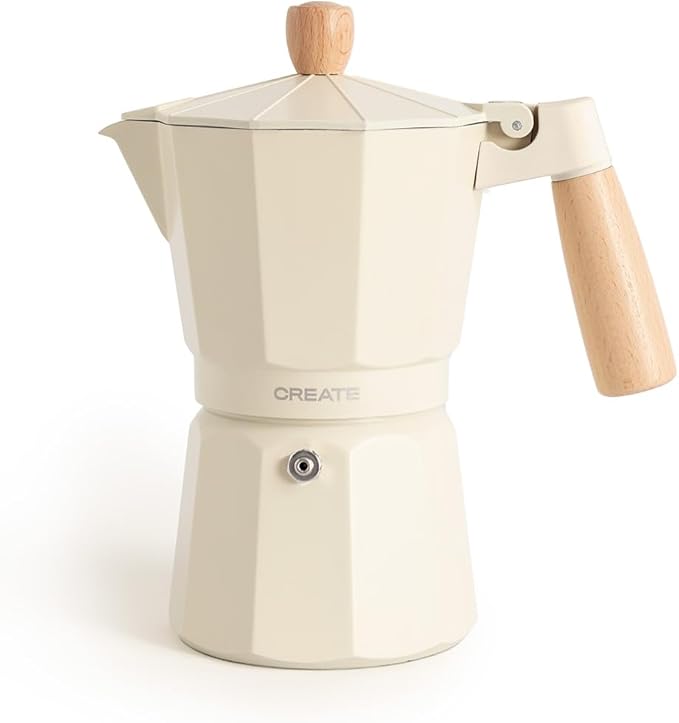 CREATE / THERA MOKA RETRO/Cafetera italiana sin adaptador para inducción blanco roto/Capacidad de 9 tazas, aluminio, 450 ml, válvula de seguridad, apta para gas, cocina eléctrica o vitro