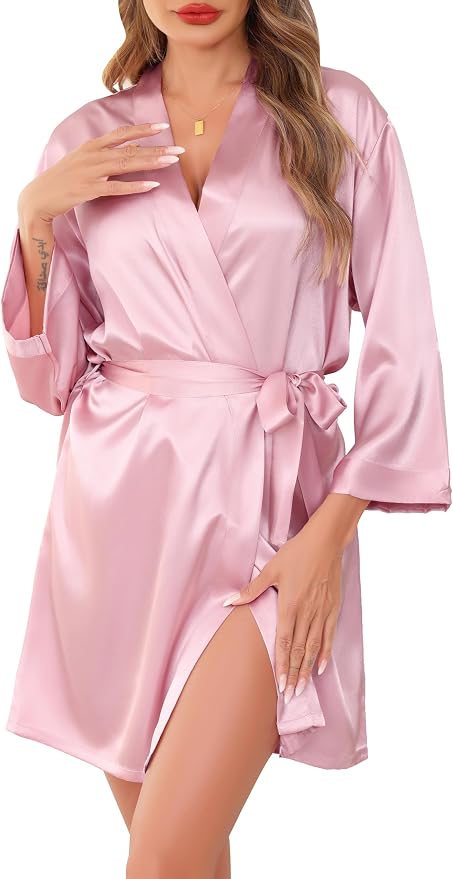 Sopesil Albornoces de Satín para Mujer Kimono Albornoz de Novia Corto Boda Ligeros Albornoces Matutinas Suave Fiesta para Dormir Cuello en V S-XXL