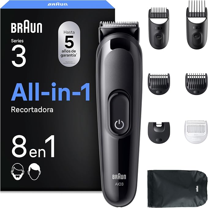 Braun Recortadora Todo en Uno Series 3 AIO3545, Negro - Kit de Styling 8en1 para Barba Y Pelo, 14 Longitudes, Máquina de Cortar Pelo con 50 Min de Autonomía, Cortapelos Hombre, Recorte Fácil Y Rápido