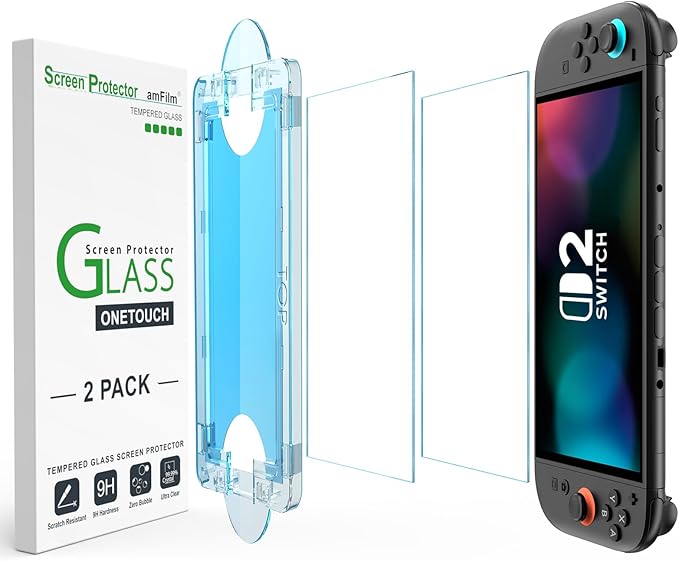 amFilm OneTouch Protector de Pantalla de Vidrio Templado para Nintendo Switch 2 Modelo 2025 - Con Kit de Alineación Automática, Sin Burbujas [2 Piezas]