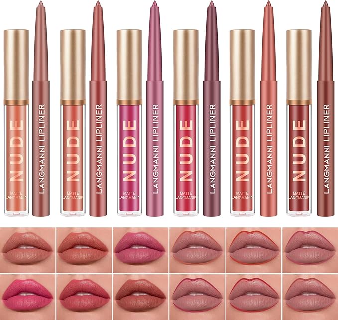 Juego de Maquillaje de Lápices Labiales，12 Piezas Lápiz Labial Líquido Mate con Delineador de Labios，6 Líquidos Mate y 6 Delineadores de Labios, Kit de Brillo de Labios de Terciopelo