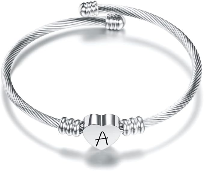 Plata Amor Corazón 26 Letra Inicial Alfabeto A-Z Pulsera Joyería Regalo Ajustable Para Hija Hijo Hermanas Amigos Madre Colega Amante Cumpleaños Navidad