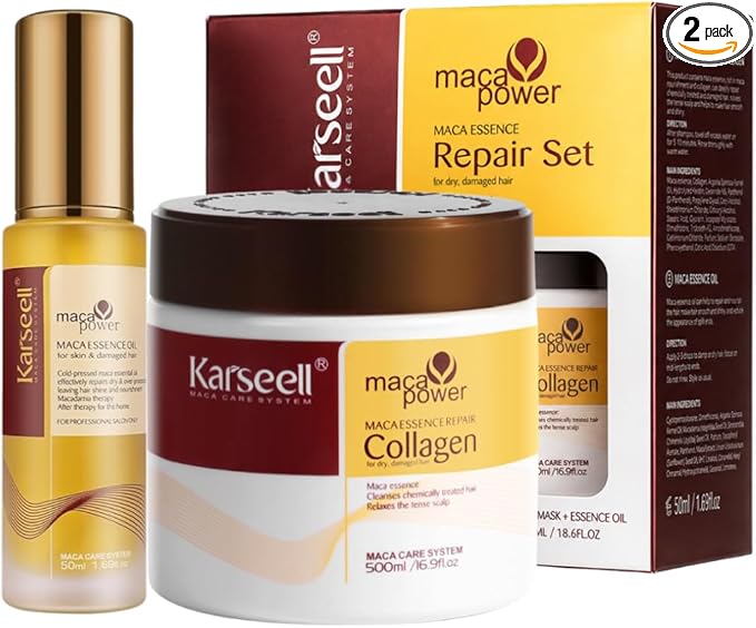 Karseell MACA CARE SYSTEM Pack Reparación Capilar Profesional Mascarilla Colágeno 500ml + Sérum Aceite de Argán 50ml Coco Karité Pelo Seco Dañado Teñido Hidratante Nutritivo Antifrizz Brillo Espejo