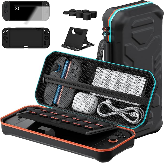 Hosanwell Funda 13 en 1 para Nintendo Switch 2, Que Incluye 2 Pantallas de Cristal Templado, Funda Protectora de Silicona, Tapas para Joystick y Soporte, Estuche rígido para Switch 2