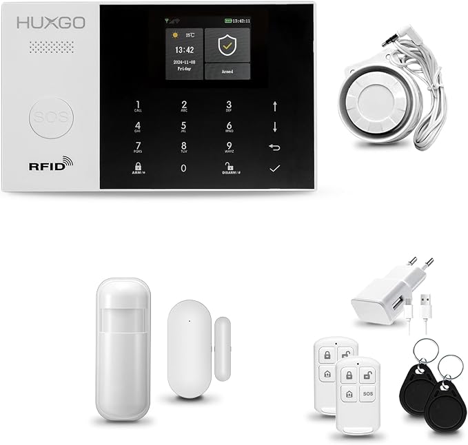 Sistema de Alarma para casa WiFi + gsm con Sirena | Alarma hogar Kit con 1 Sensor PIR de Movimiento y 1 Sensor de Puerta/Ventana | Control Desde el teléfono | HUXGO® HXA005