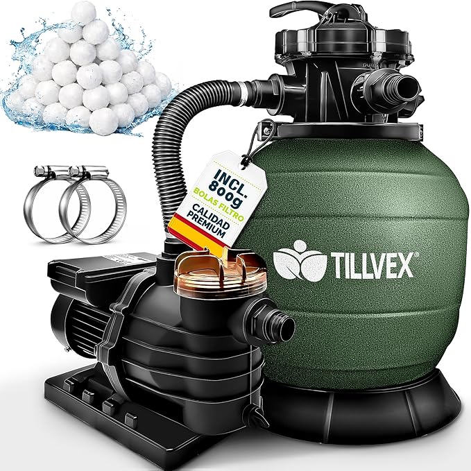 tillvex Depuradora de Agua para Piscina 10 m³/h + 800g Bolas de Filtro - 7 Funciones de Filtrado - Bomba de Filtro de Arena con Válvula (Verde)