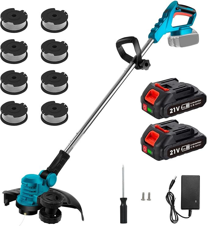 Cortacésped Inalámbrico con 8 Cabezales + 2 Baterías 2600 mAh, 5 Velocidades, Desbrozadora, Cortabordes, Eliminador de Maleza y Kit de Jardinería