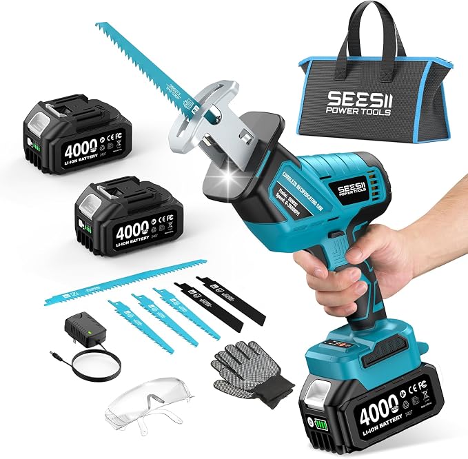SEESII Sierra Sable Inalámbrica 21V, Sierra Alternativa de 2 Baterías 4.0Ah, 3500 RPM motor sin escobillas, luz LED, 6 hojas de sierra portátil para madera PVC de corte