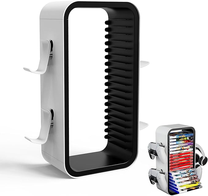 Soporte para Discos de Juego, Torre de Almacenamiento de Juegos Compatible con P5 Xbox Series S Y X Soporte de Torre de Almacenamiento de Juegos para 18 Discos Juego con 4 Soportes para Controladores